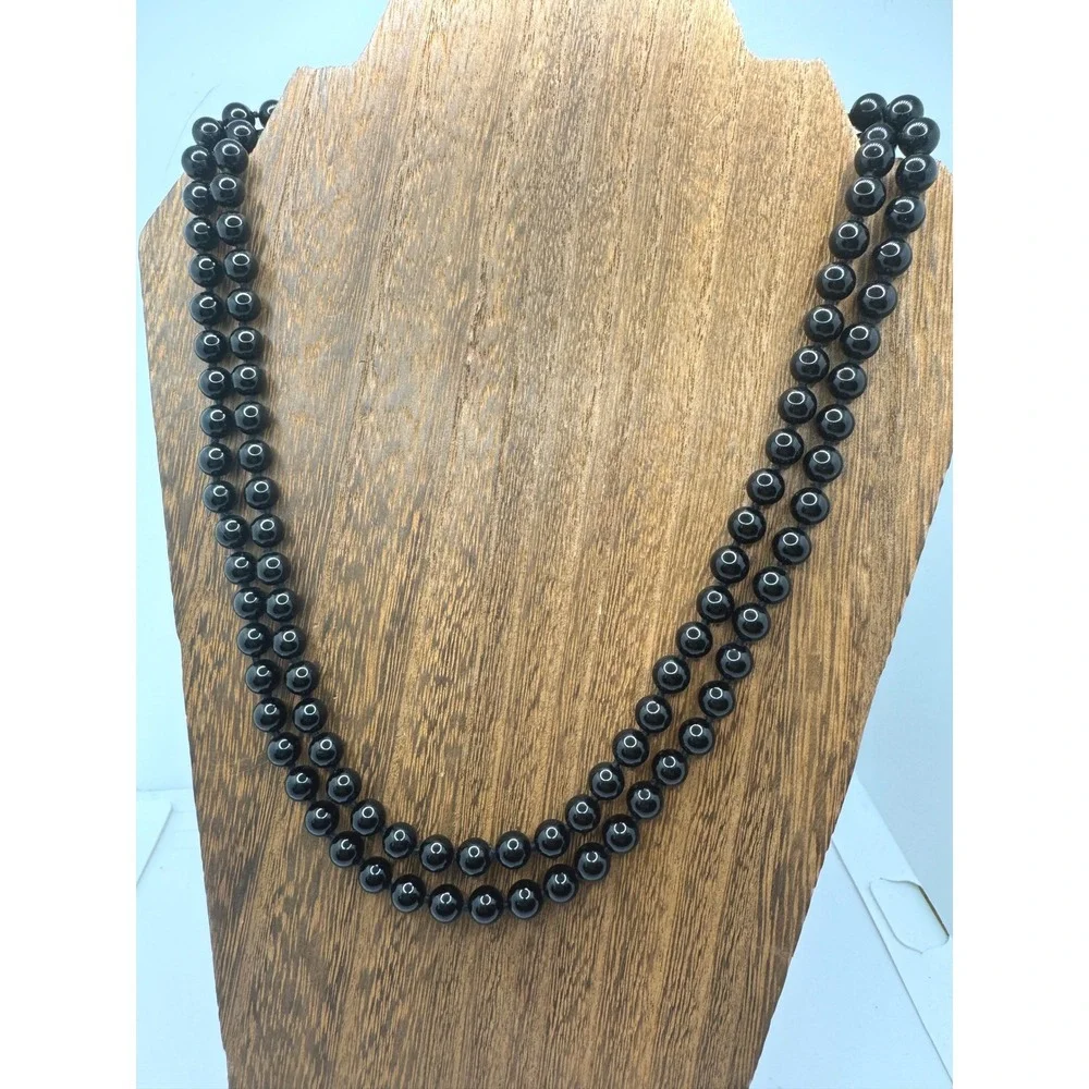Vintage Black Double Strand Beaded Necklace Gold Tone Cabochon Gothic Victorian